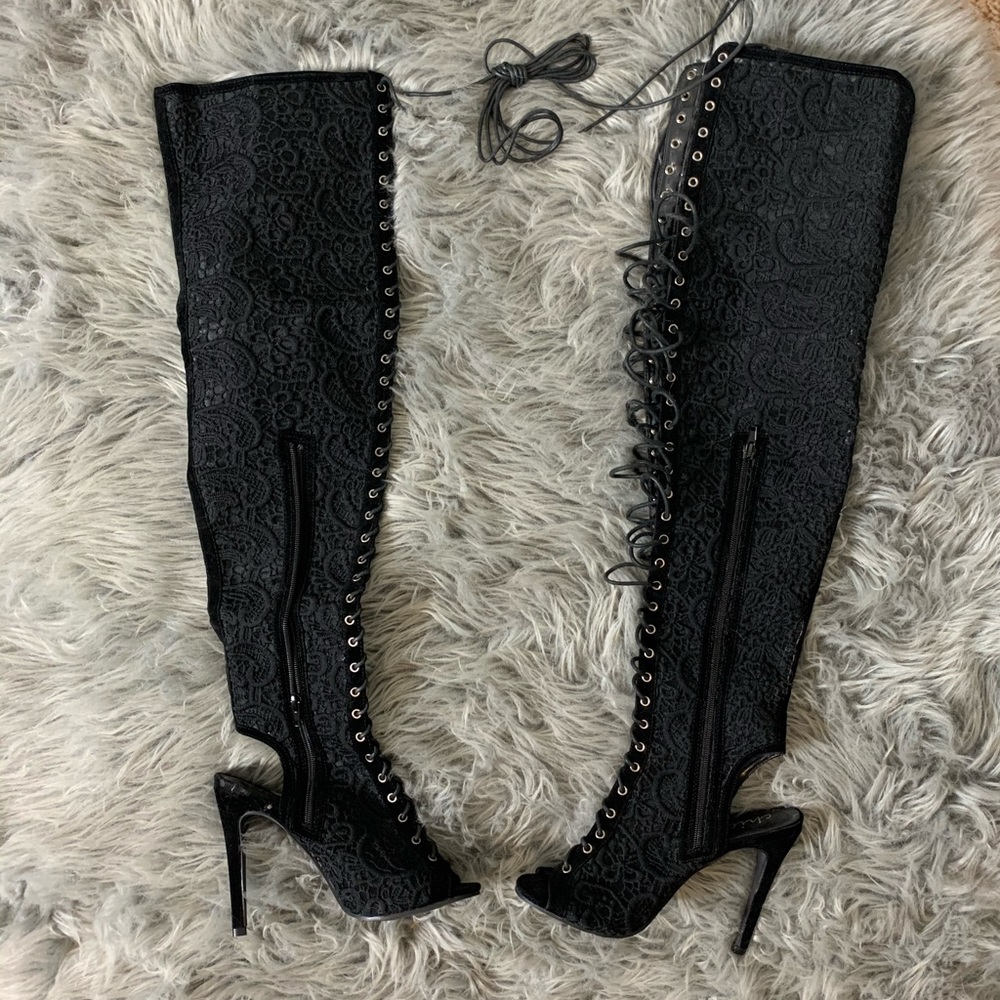 CHIC black EMBROIDERY over the knee lace up heel